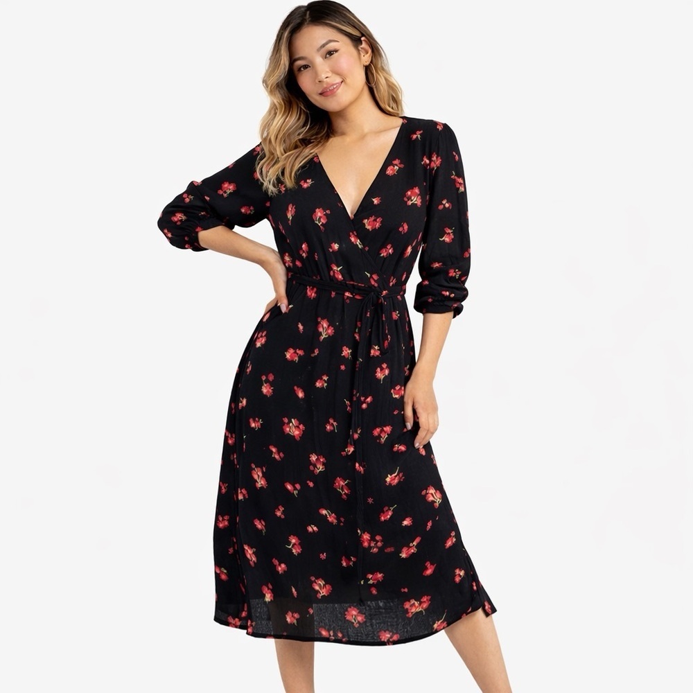Billabong Black and Red Floral Gauze Wrap Midi Dress size Small